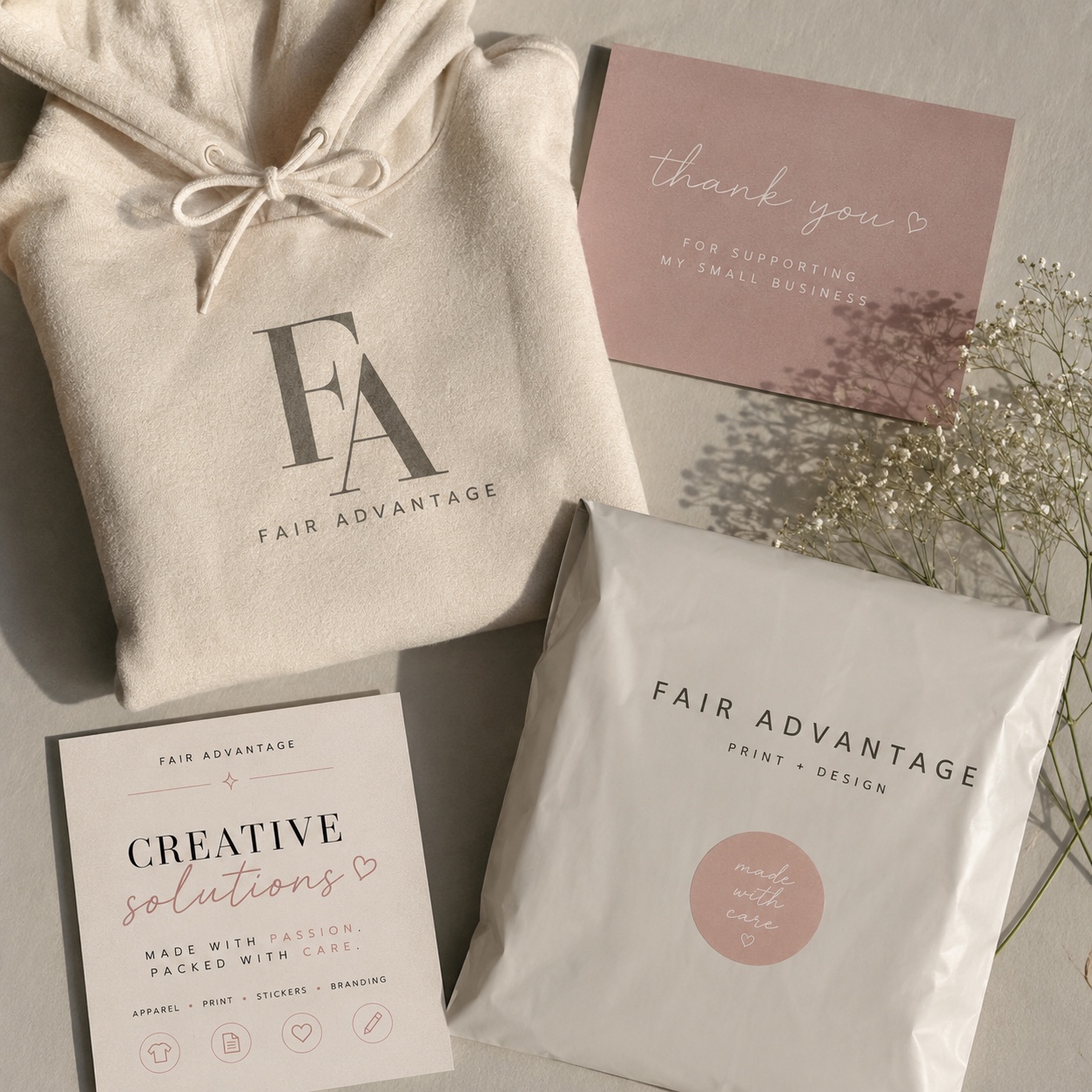 Fair Advantage branded packaging and apparel